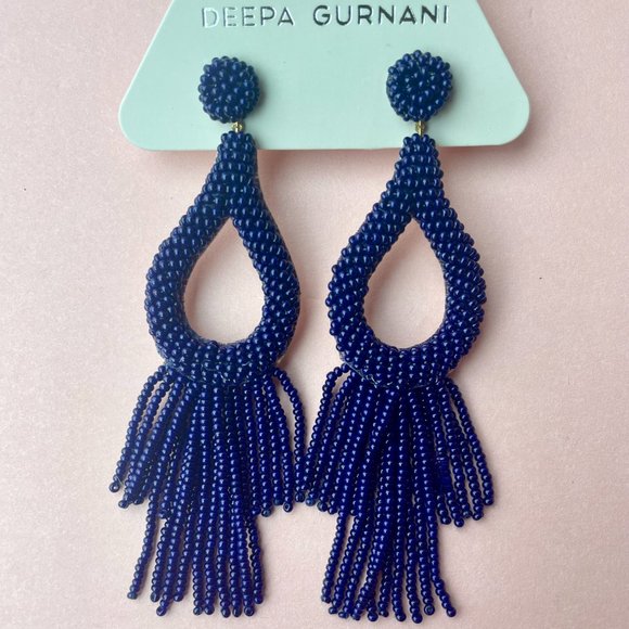 NWT Deepa Gurnani Anthropologie Beaded Fringe Chandelier Earrings Navy Blue - Picture 3 of 7